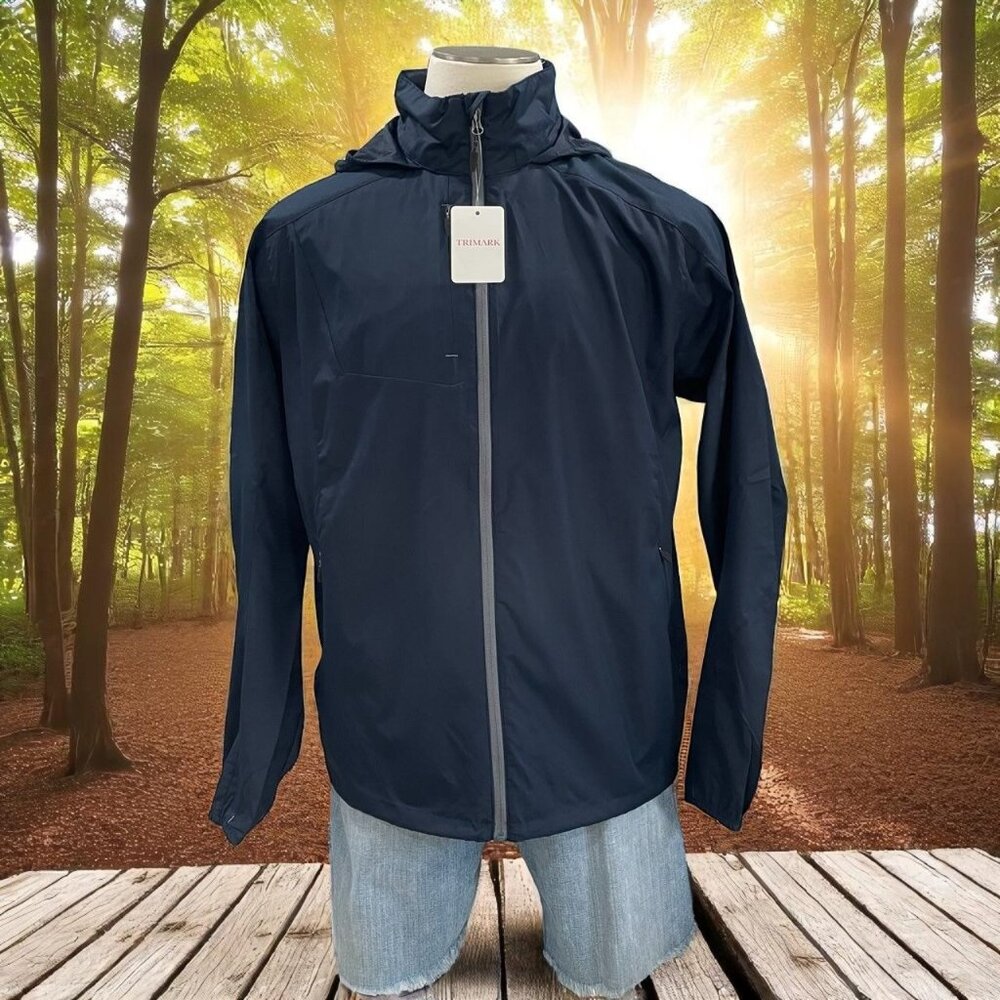 Trimark Mens Navy Lightweight Windbreaker‎ Jacket Hooded Outdoor Hiking Large